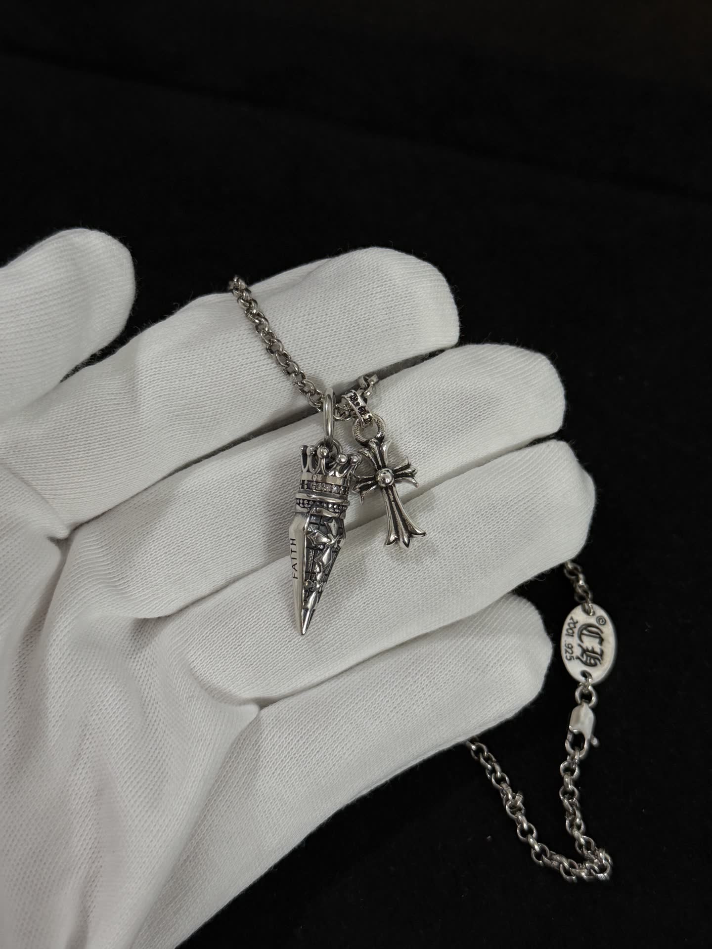 Chrome Hearts Silver Cross and Crown Pendant Necklace